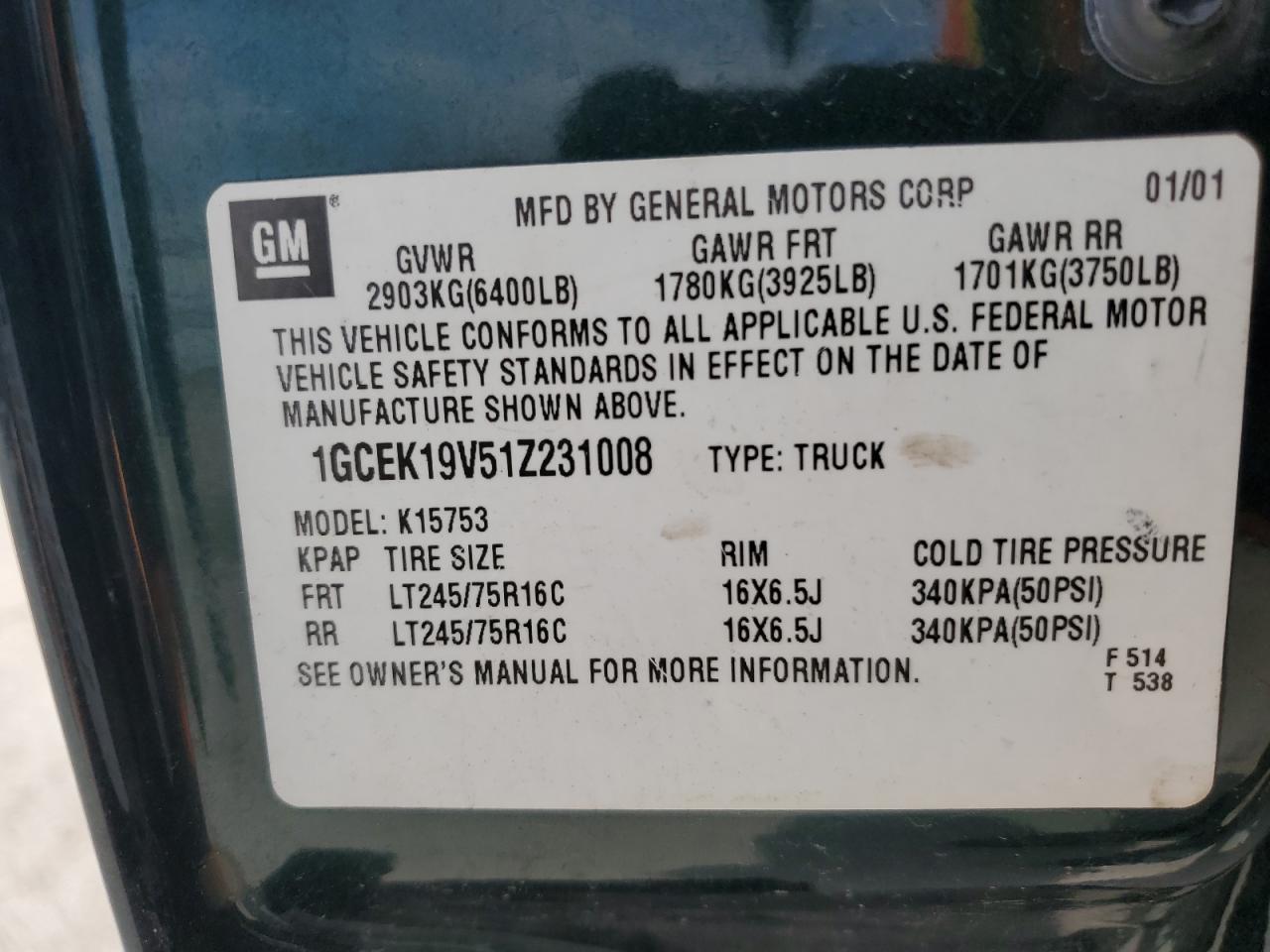 2001 Chevrolet Silverado K1500 VIN: 1GCEK19V51Z231008 Lot: 70743125