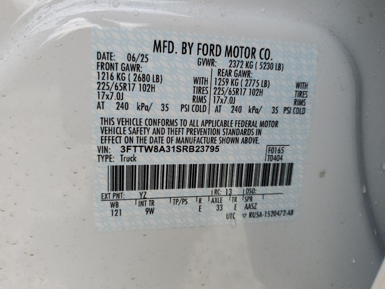 2025 Ford Maverick Xl VIN: 3FTTW8A31SRB23795 Lot: 69594385