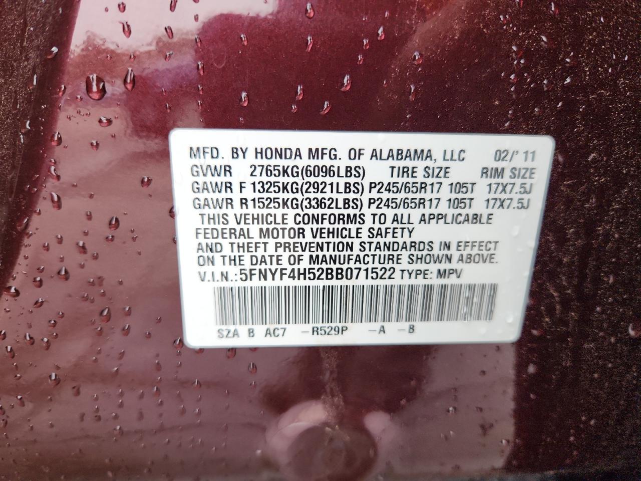 2011 Honda Pilot Exl VIN: 5FNYF4H52BB071522 Lot: 70353635