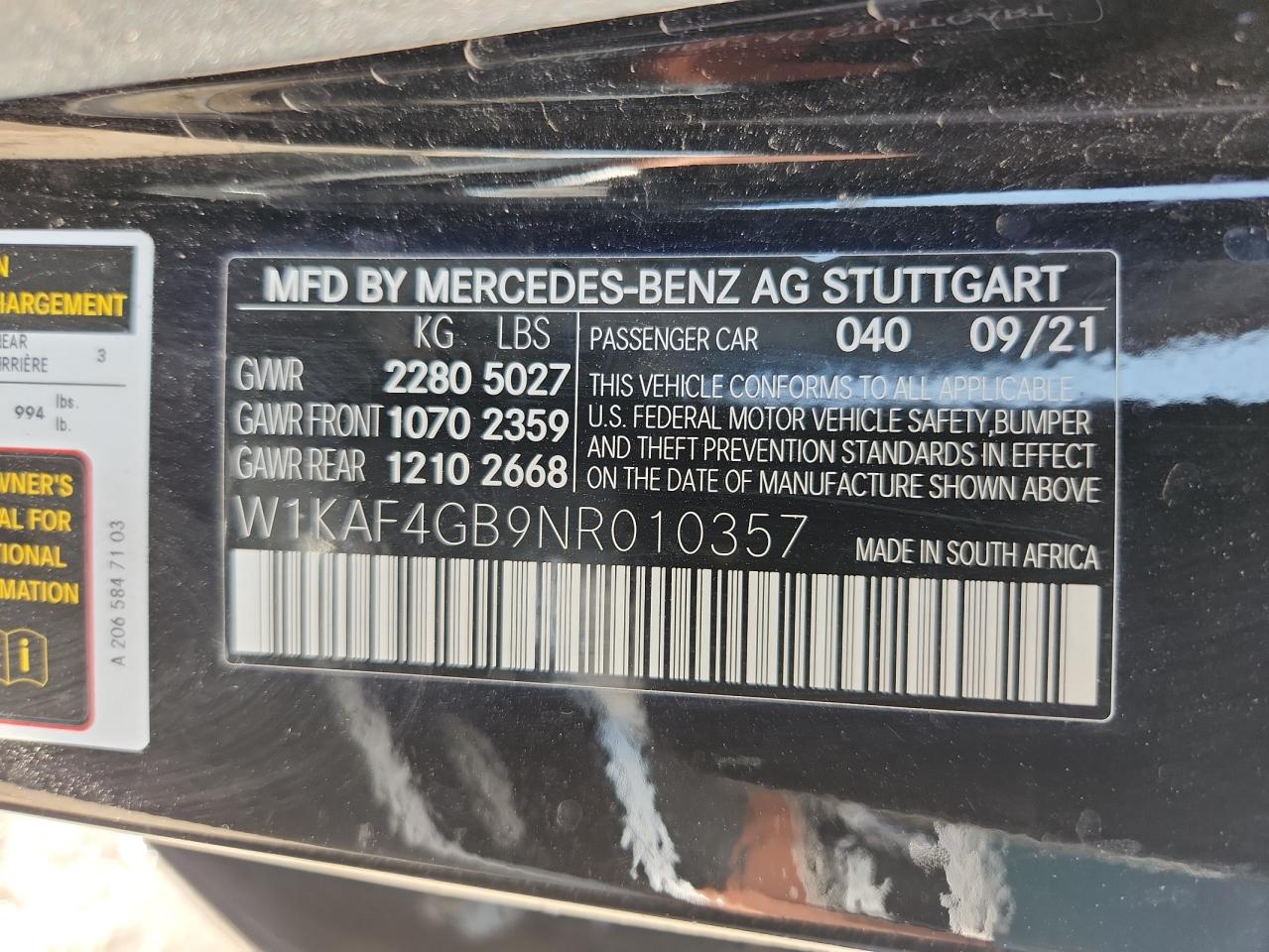 2022 Mercedes-Benz C 300 VIN: W1KAF4GB9NR010357 Lot: 69933795