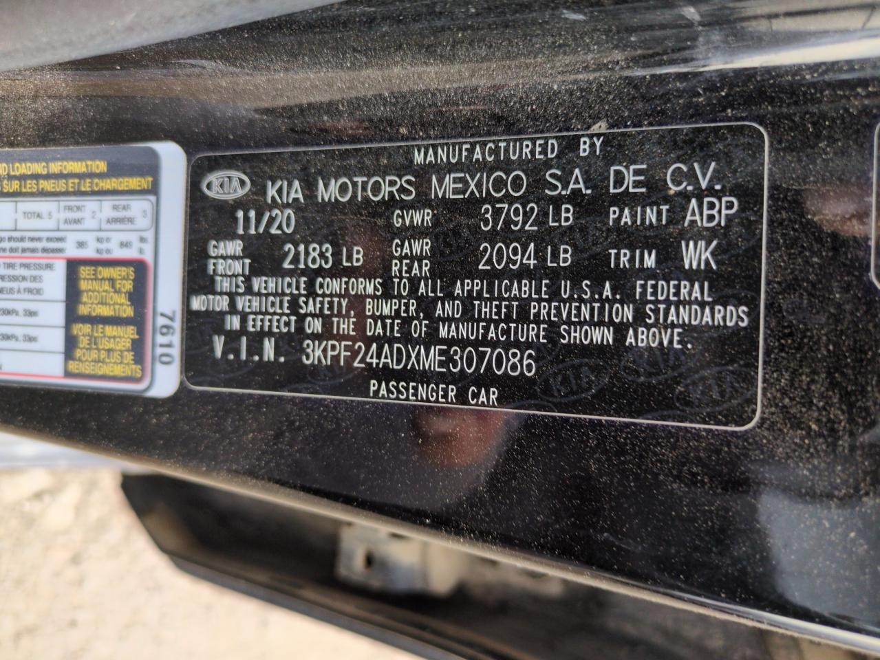 2021 Kia Forte Fe VIN: 3KPF24ADXME307086 Lot: 68218105