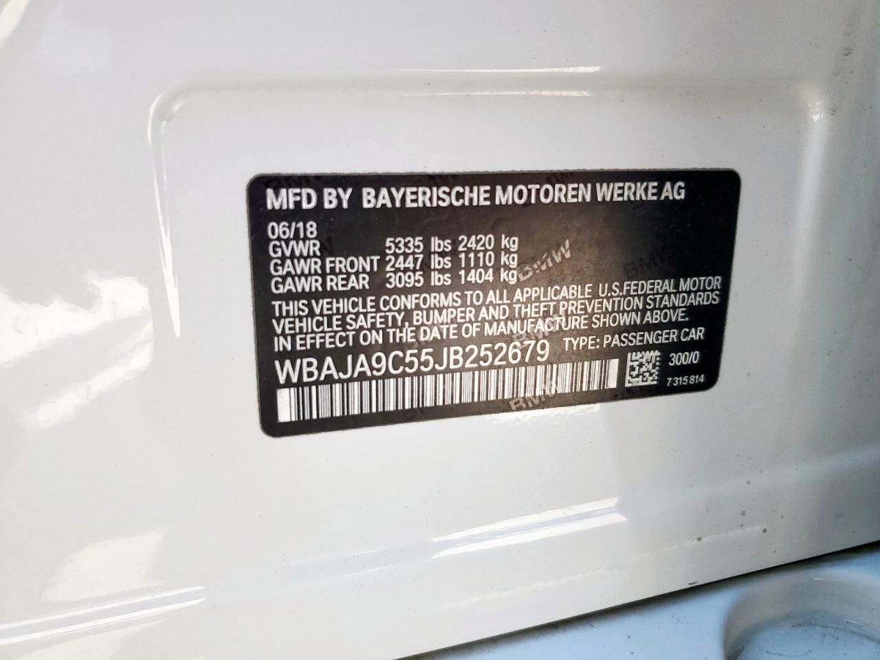 2018 BMW 530E VIN: WBAJA9C55JB252679 Lot: 68539835