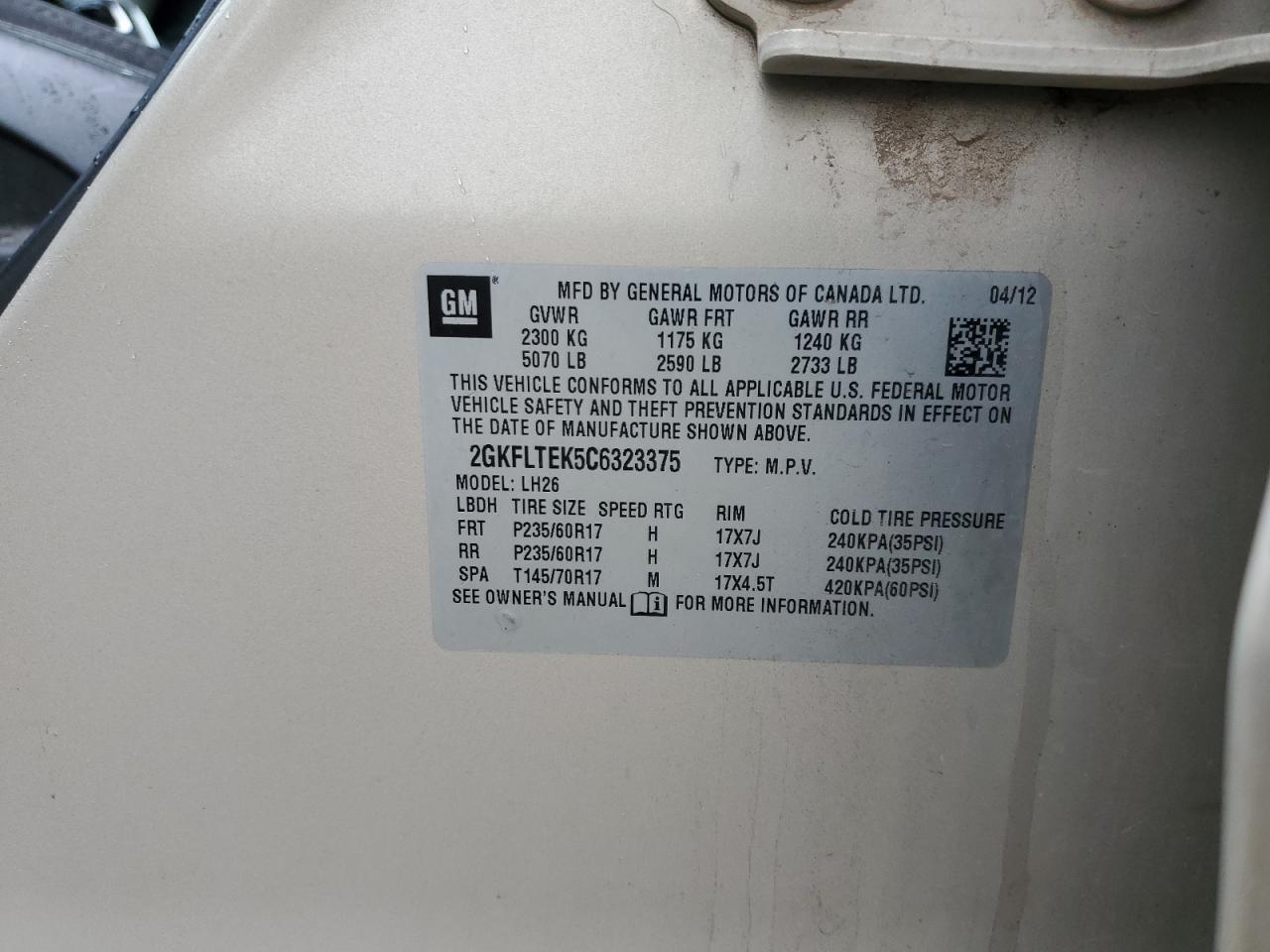 2012 GMC Terrain Sle VIN: 2GKFLTEK5C6323375 Lot: 67556465