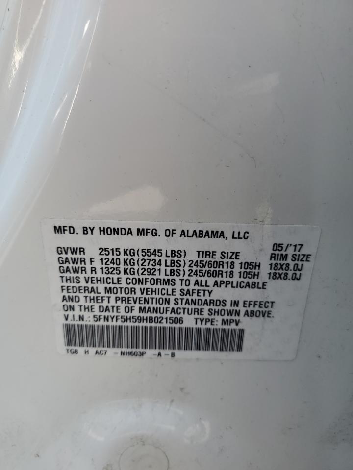 2017 Honda Pilot Exl VIN: 5FNYF5H59HB021506 Lot: 70603865
