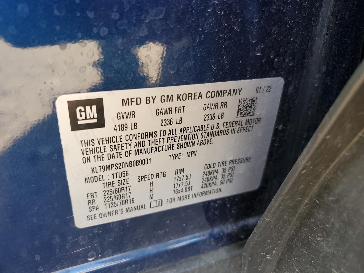 2022 Chevrolet Trailblazer Lt VIN: KL79MPS20NB089001 Lot: 70058185