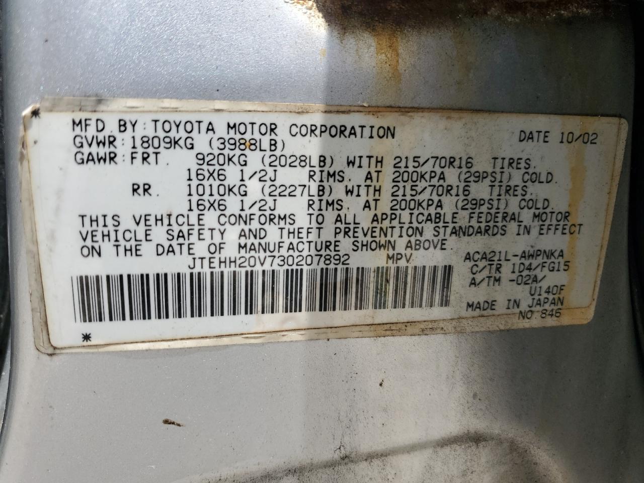 2003 Toyota Rav4 VIN: JTEHH20V730207892 Lot: 67611745