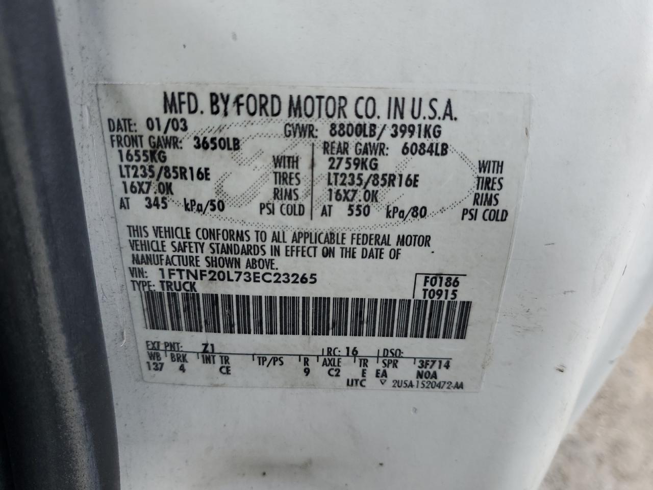 2003 Ford F250 Super Duty VIN: 1FTNF20L73EC23265 Lot: 67911745