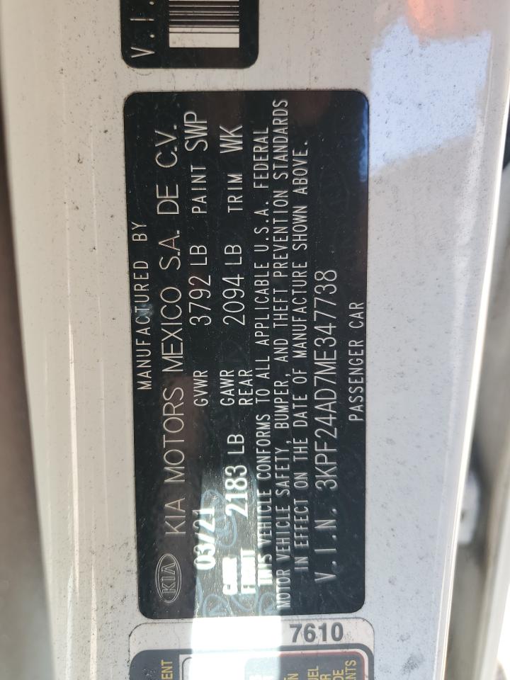 2021 Kia Forte Fe VIN: 3KPF24AD7ME347738 Lot: 70456895