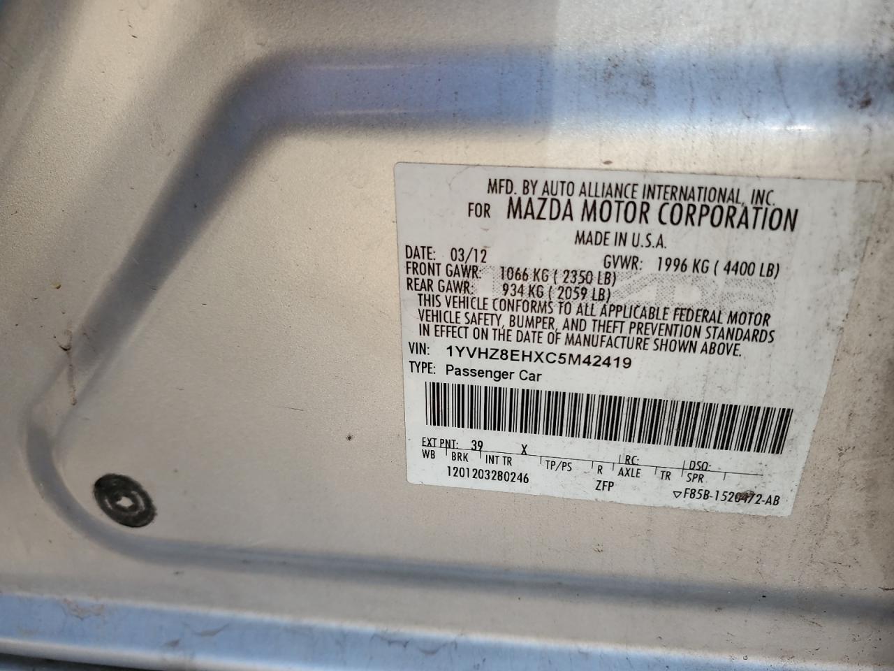 2012 Mazda 6 I VIN: 1YVHZ8EHXC5M42419 Lot: 67487255