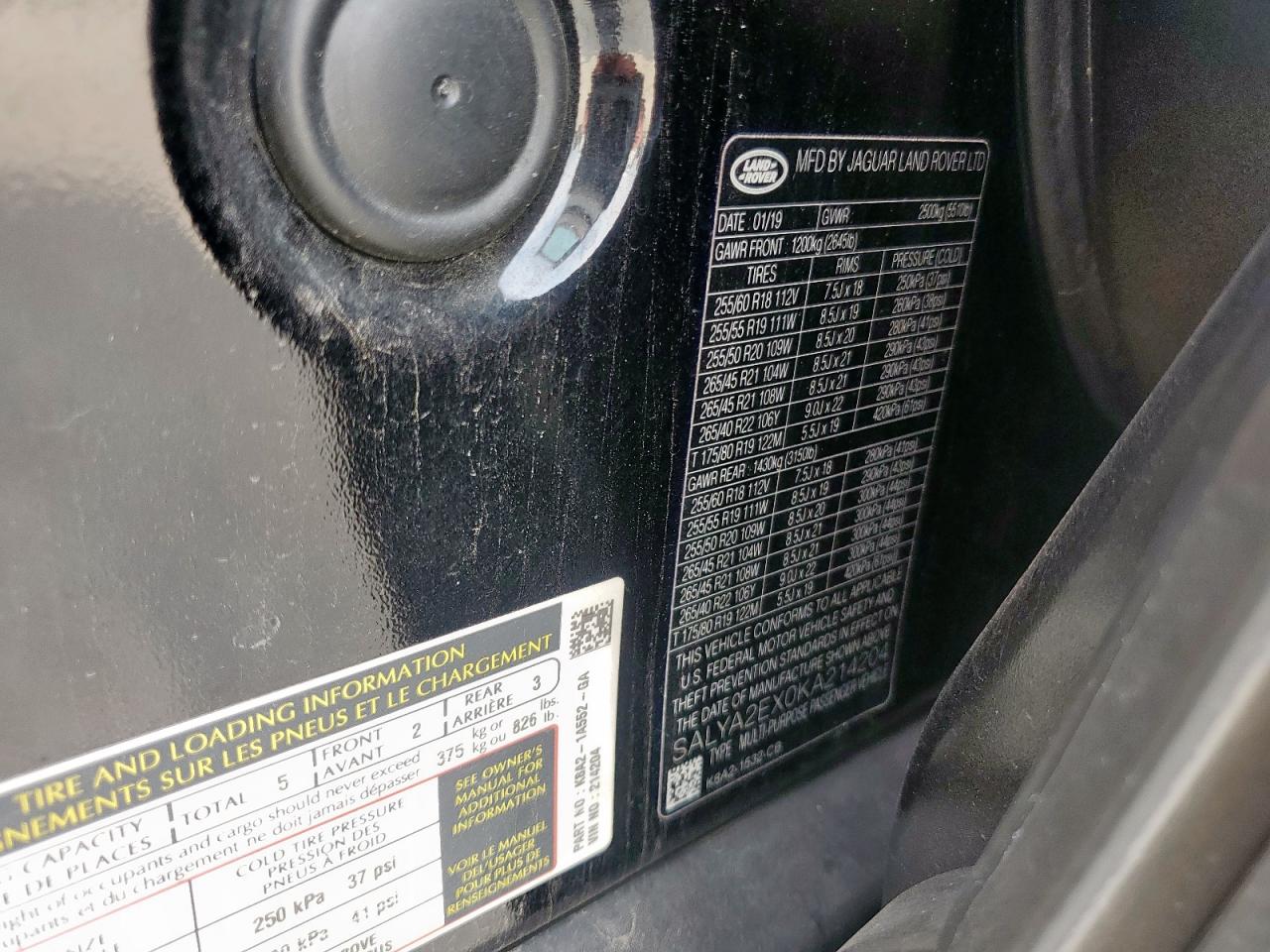 2019 Land Rover Range Rover Velar VIN: SALYA2EX0KA214204 Lot: 68284955