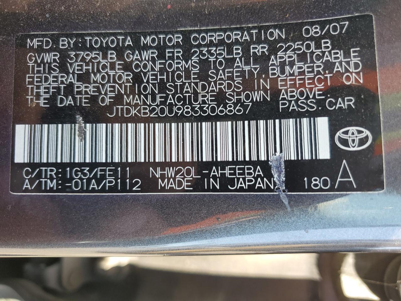 2008 Toyota Prius VIN: JTDKB20U983306867 Lot: 70175875