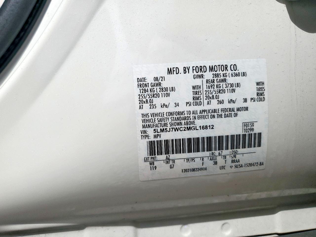 2021 Lincoln Aviator Reserve VIN: 5LM5J7WC2MGL16812 Lot: 70952665