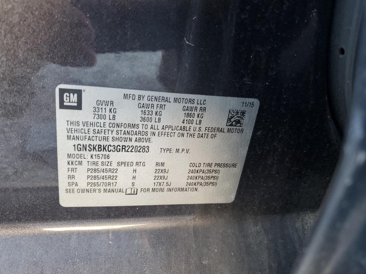 2016 Chevrolet Tahoe K1500 Lt VIN: 1GNSKBKC3GR220283 Lot: 69621055