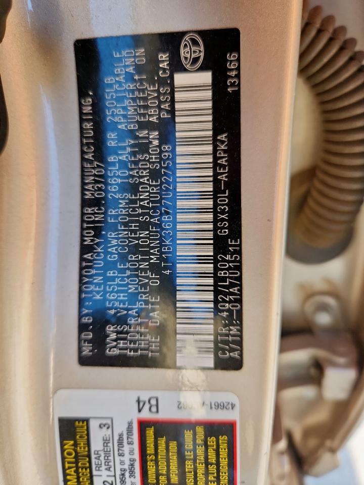 2007 Toyota Avalon Xl VIN: 4T1BK36B77U227598 Lot: 65558325