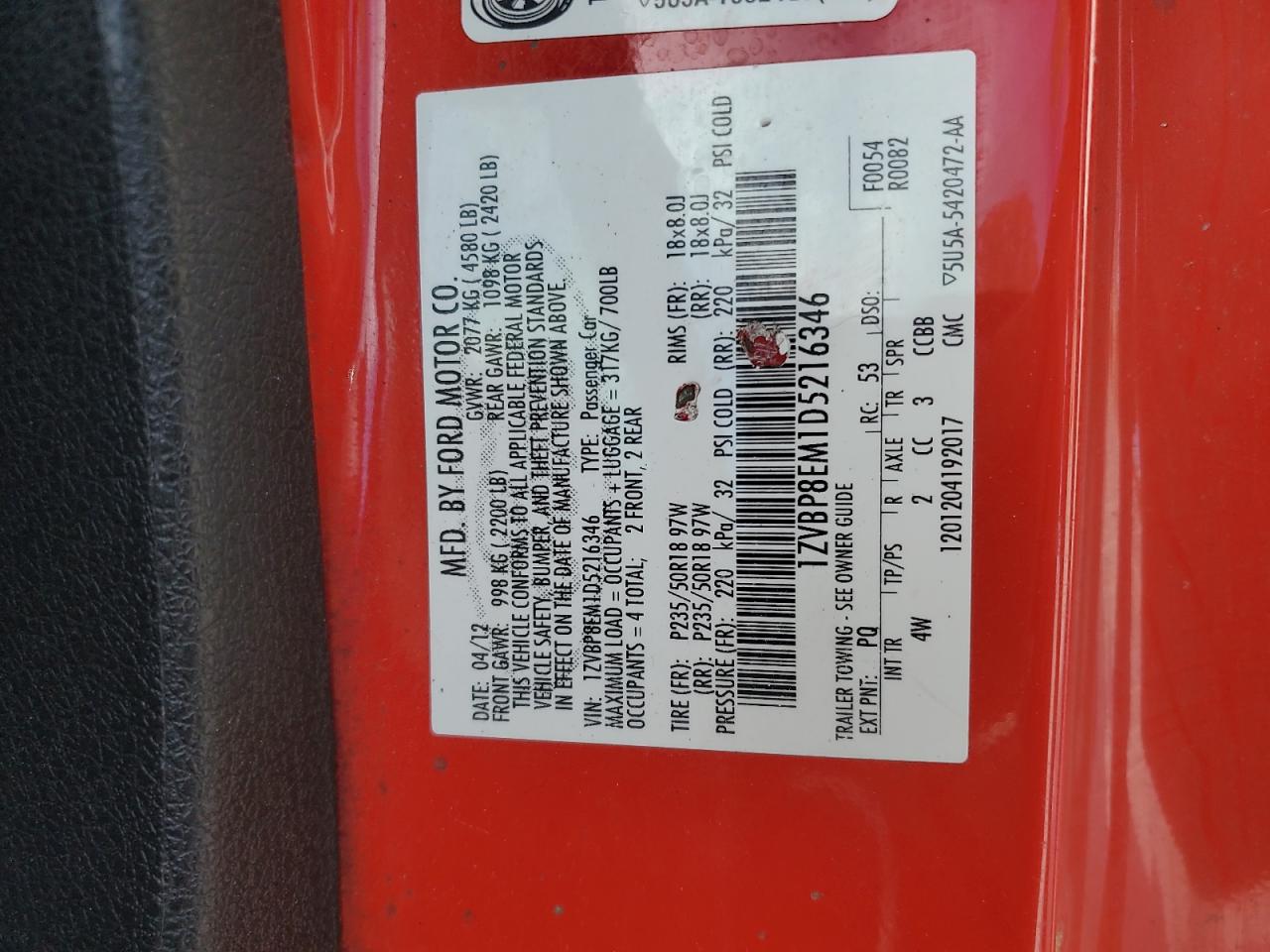 2013 Ford Mustang VIN: 1ZVBP8EM1D5216346 Lot: 70202185