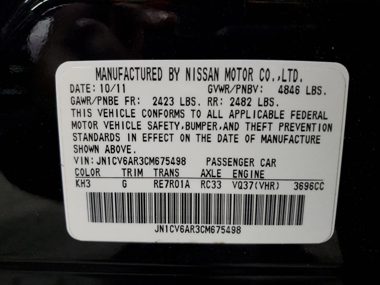 2012 Infiniti G37 VIN: JN1CV6AR3CM675498 Lot: 68633535