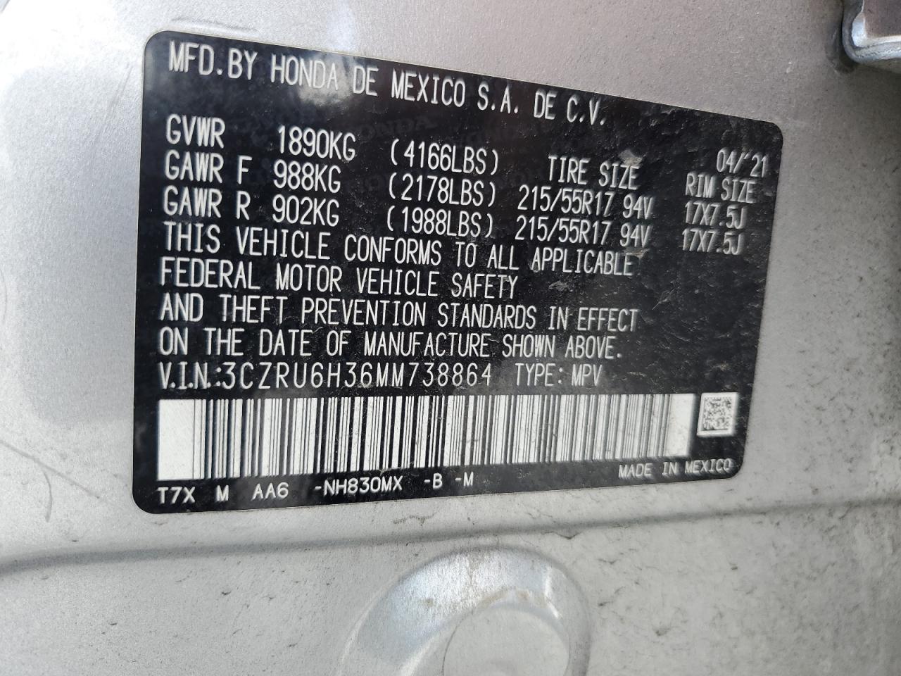 2021 Honda Hr-V Lx VIN: 3CZRU6H36MM738864 Lot: 68082995