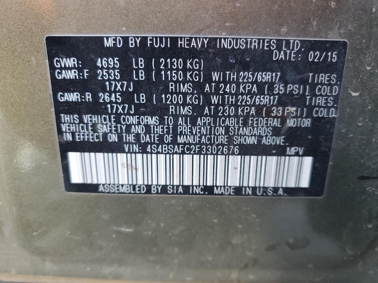 2015 Subaru Outback 2.5I Premium VIN: 4S4BSAFC2F3302676 Lot: 81637155