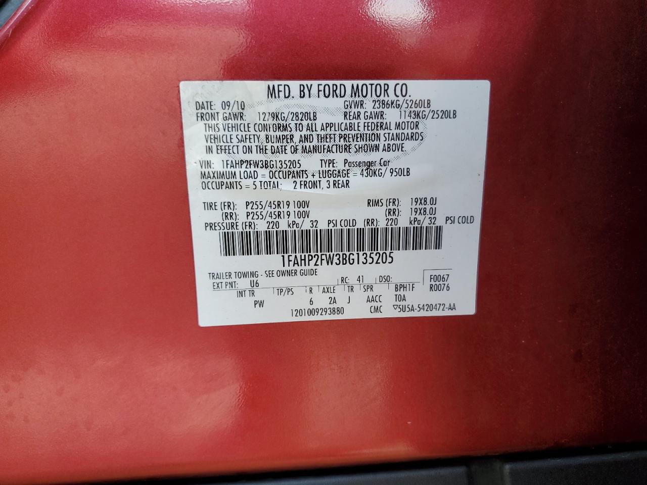 2011 Ford Taurus Limited VIN: 1FAHP2FW3BG135205 Lot: 70664195