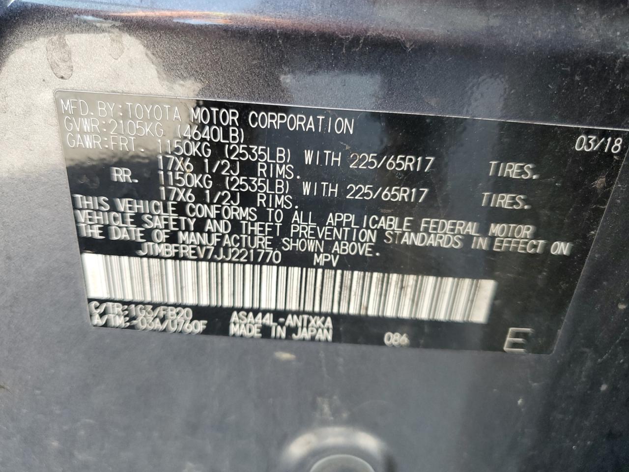 2018 Toyota Rav4 Le VIN: JTMBFREV7JJ221770 Lot: 70551395