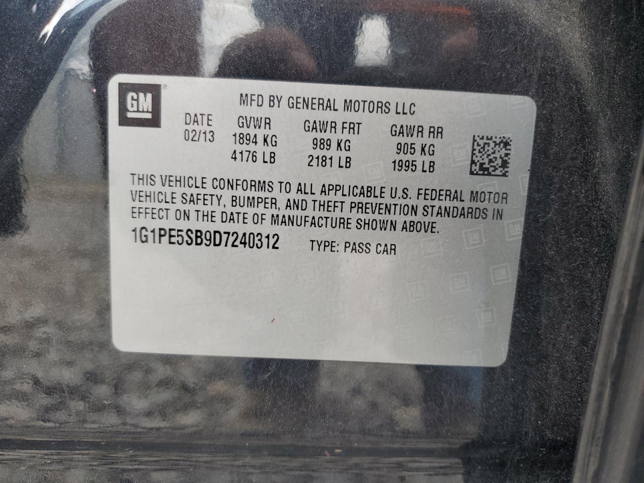 2013 Chevrolet Cruze Lt VIN: 1G1PE5SB9D7240312 Lot: 69950545