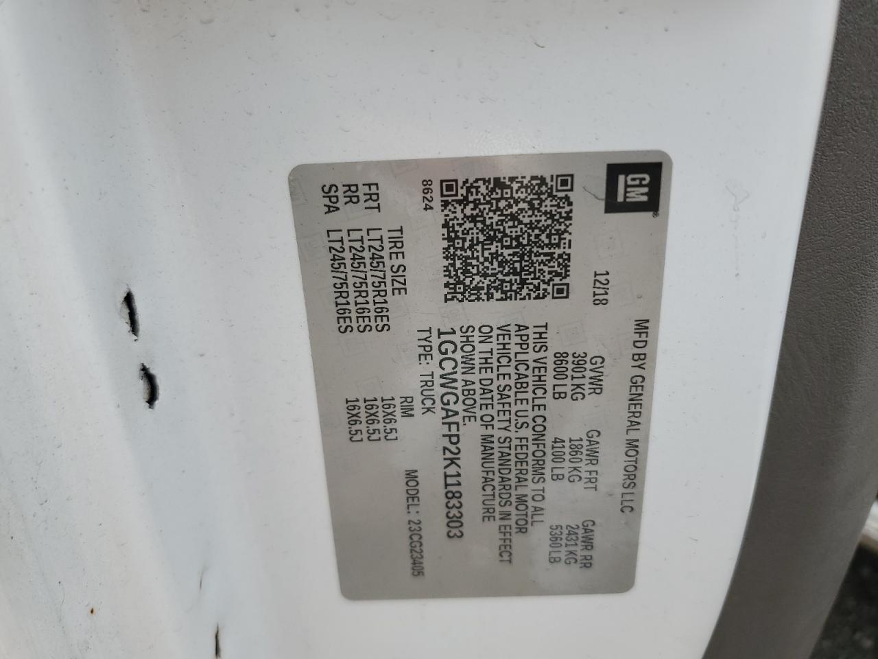 2019 Chevrolet Express G2500 VIN: 1GCWGAFP2K1183303 Lot: 67232665