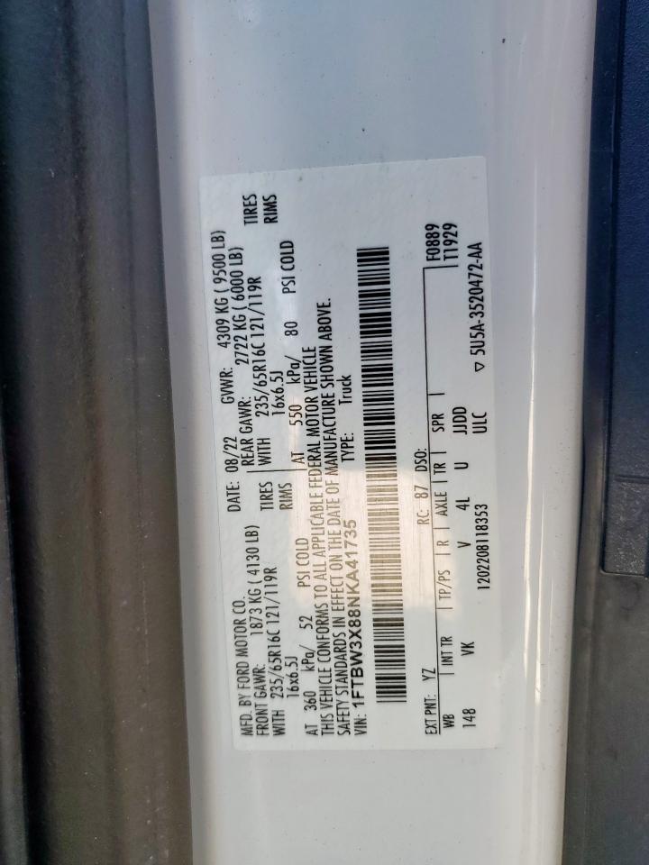 2022 Ford Transit T-350 VIN: 1FTBW3X88NKA41735 Lot: 65973135