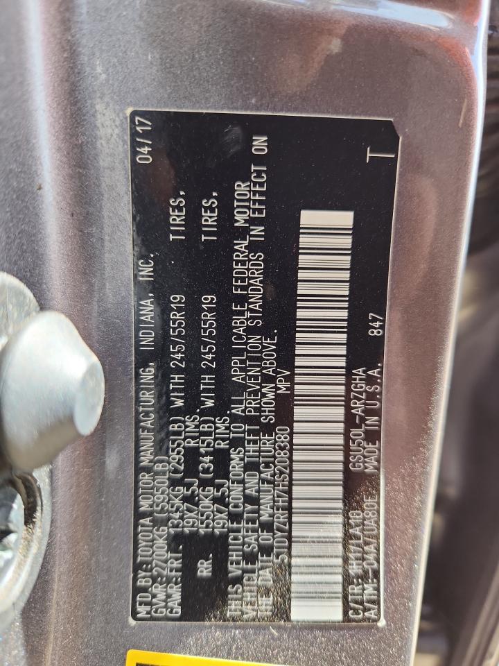 2017 Toyota Highlander Limited VIN: 5TDYZRFH7HS208380 Lot: 70395435