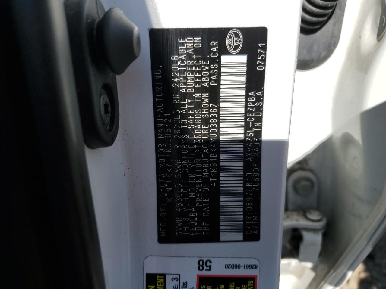 2021 Toyota Camry Xse VIN: 4T1K61BK4MU038367 Lot: 70666165