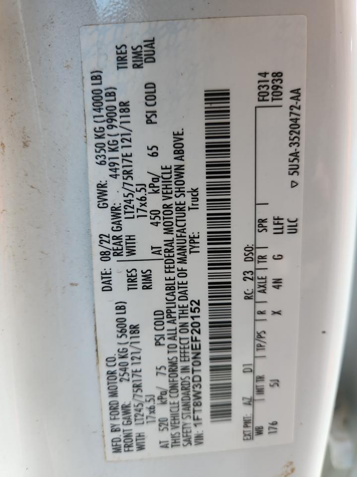 2022 Ford Super Duty F-350 W/D VIN: 1FT8W3DT0NEF20152 Lot: 69349065