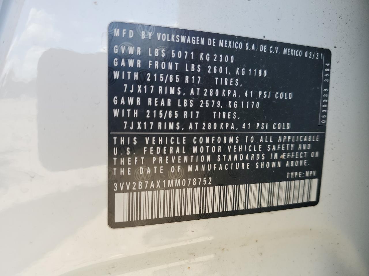 2021 Volkswagen Tiguan Se VIN: 3VV2B7AX1MM078752 Lot: 69783415