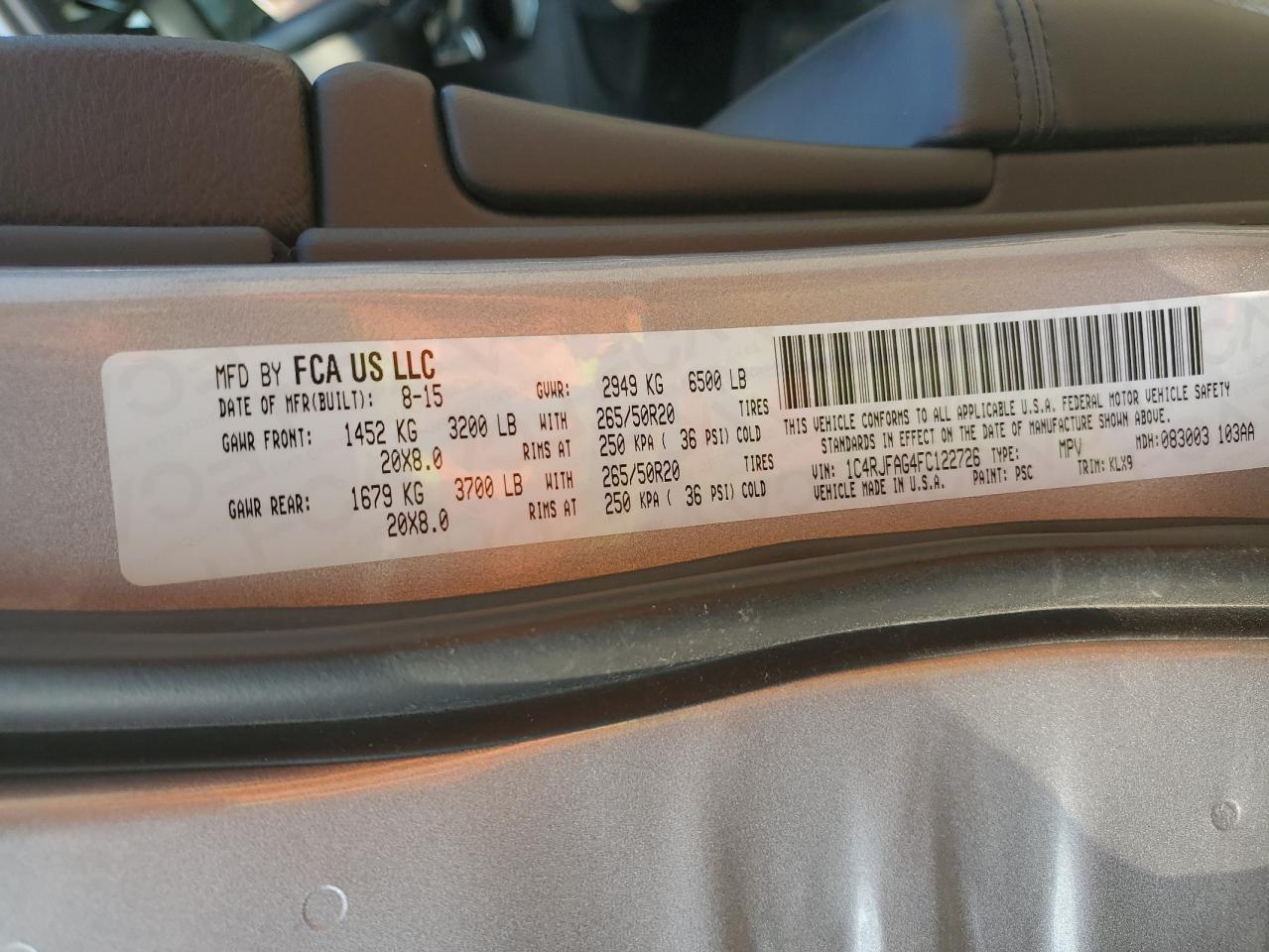 2015 Jeep Grand Cherokee Laredo VIN: 1C4RJFAG4FC122726 Lot: 67010975