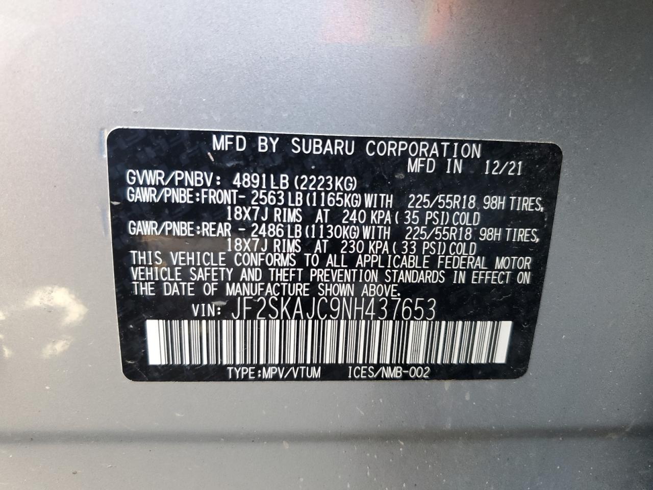 2022 Subaru Forester Sport VIN: JF2SKAJC9NH437653 Lot: 70527255