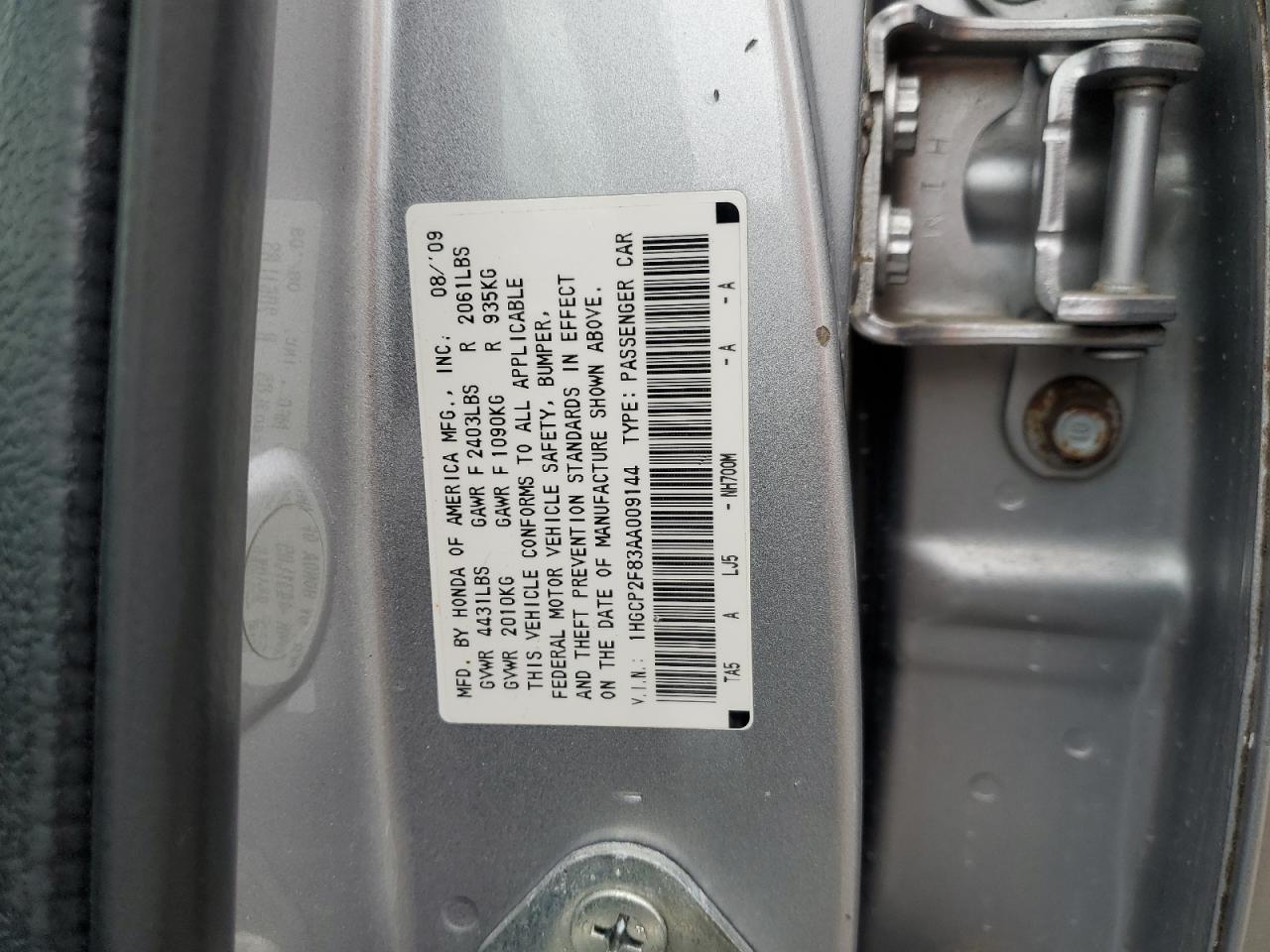 2010 Honda Accord Exl VIN: 1HGCP2F83AA009144 Lot: 69169695