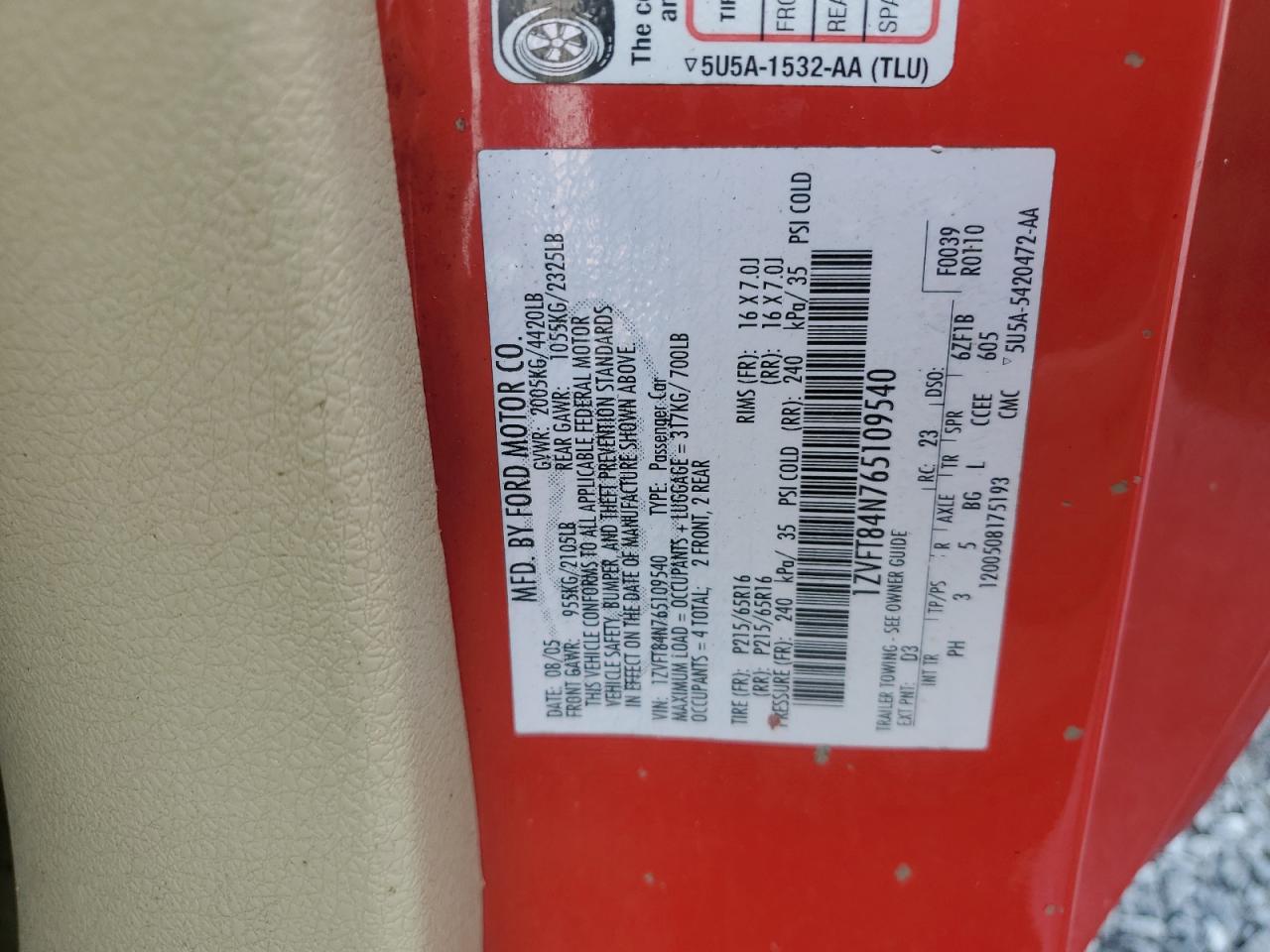 2006 Ford Mustang VIN: 1ZVFT84N765109540 Lot: 70758625