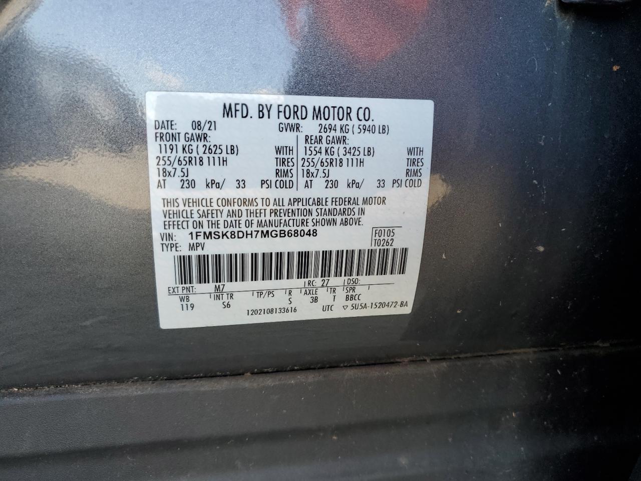 2021 Ford Explorer Xlt VIN: 1FMSK8DH7MGB68048 Lot: 70184755
