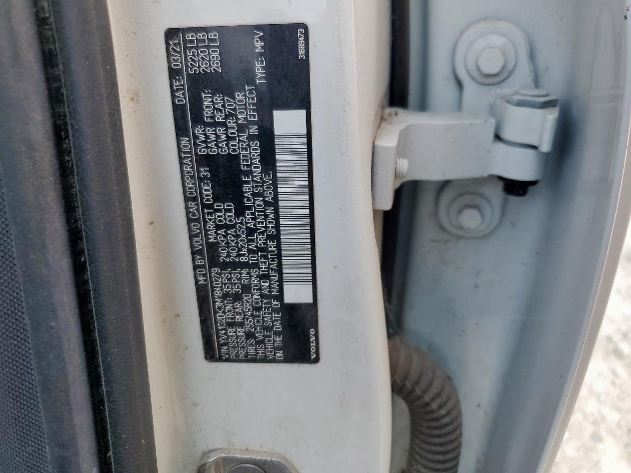 2021 Volvo Xc60 T5 Momentum VIN: YV4102DK3M1840279 Lot: 70485065