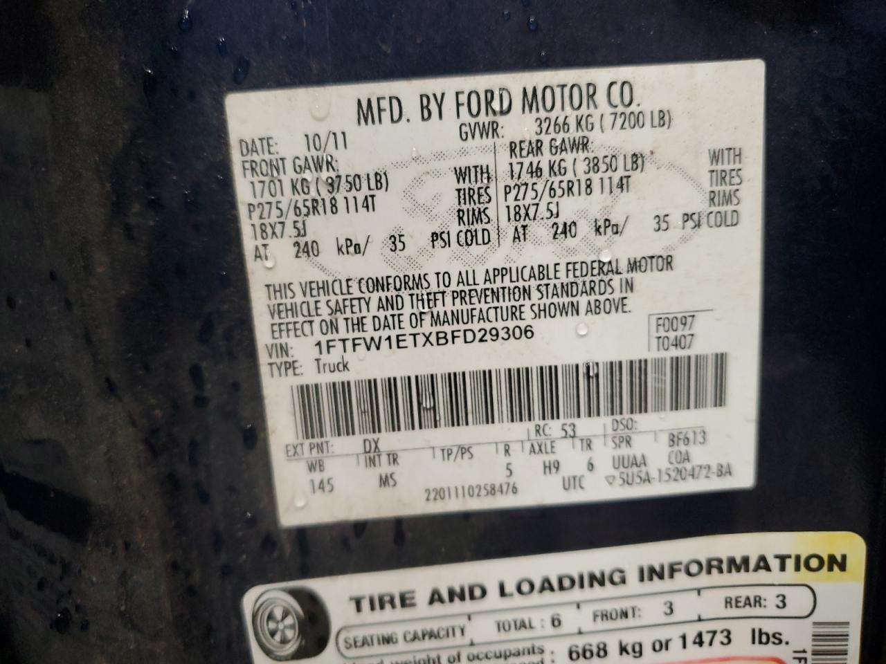 2011 Ford F150 Supercrew VIN: 1FTFW1ETXBFD29306 Lot: 69011135