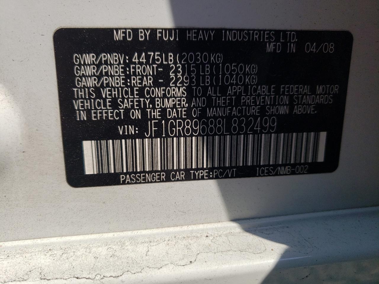 2008 Subaru Impreza Wrx Sti VIN: JF1GR89688L832499 Lot: 68282215