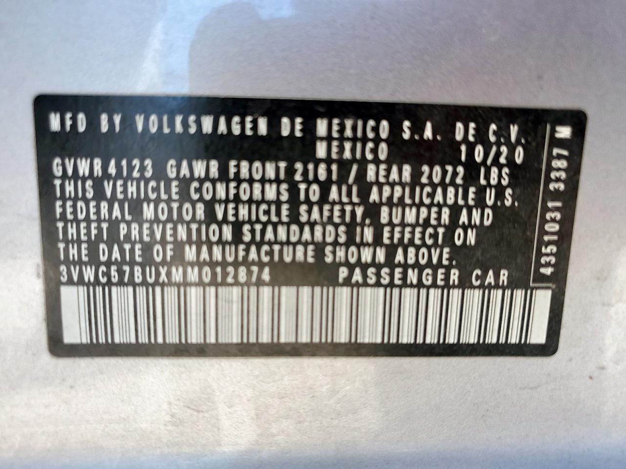 2021 Volkswagen Jetta S VIN: 3VWC57BUXMM012874 Lot: 68228295