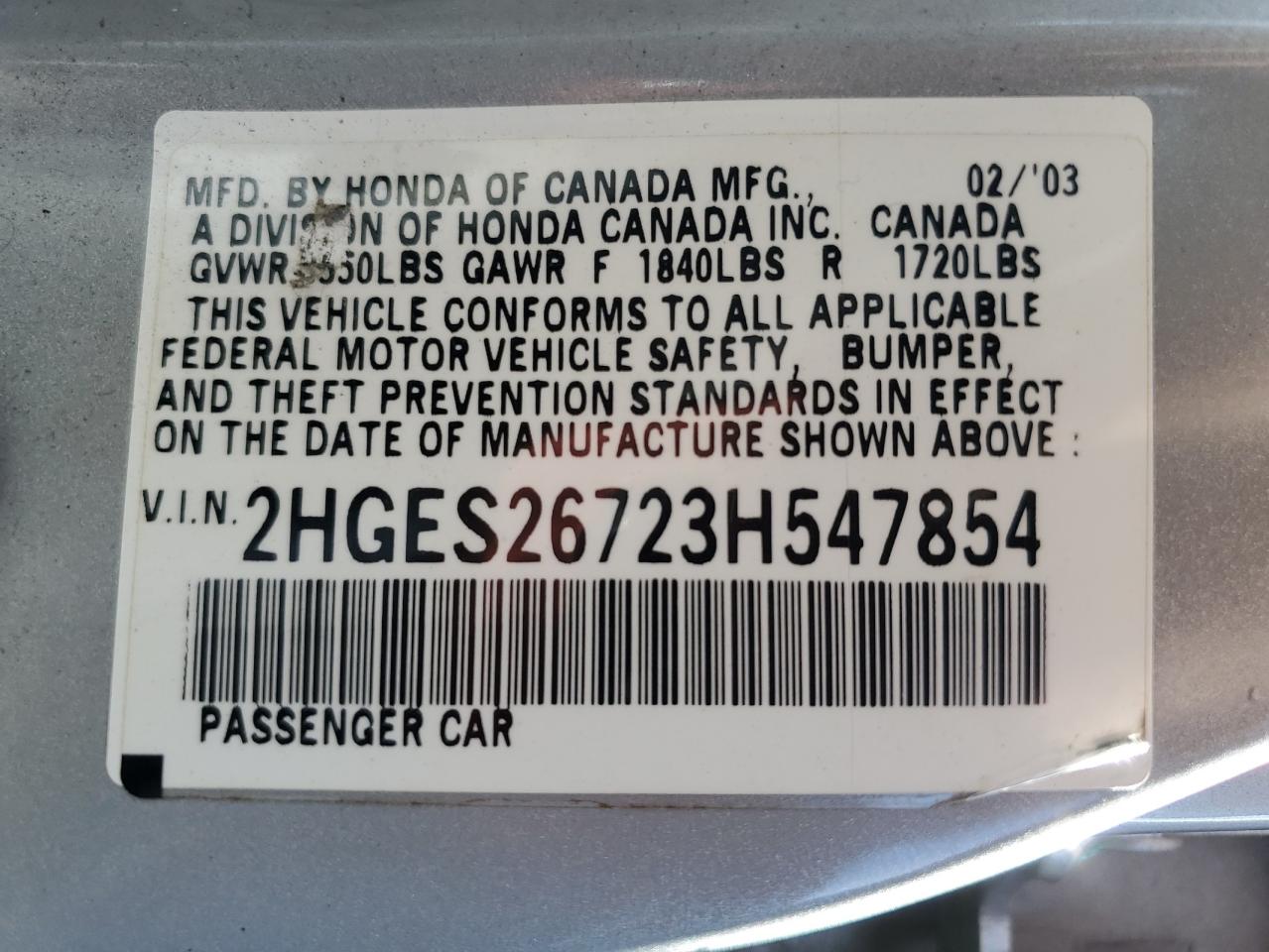 2003 Honda Civic Ex VIN: 2HGES26723H547854 Lot: 67773565