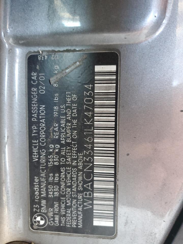 2001 BMW Z3 2.5 VIN: WBACN33461LK47034 Lot: 67477675