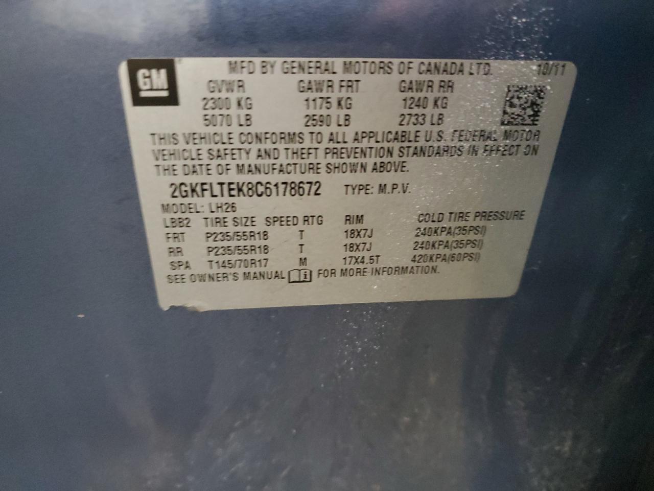 2012 GMC Terrain Sle VIN: 2GKFLTEK8C6178672 Lot: 69255825