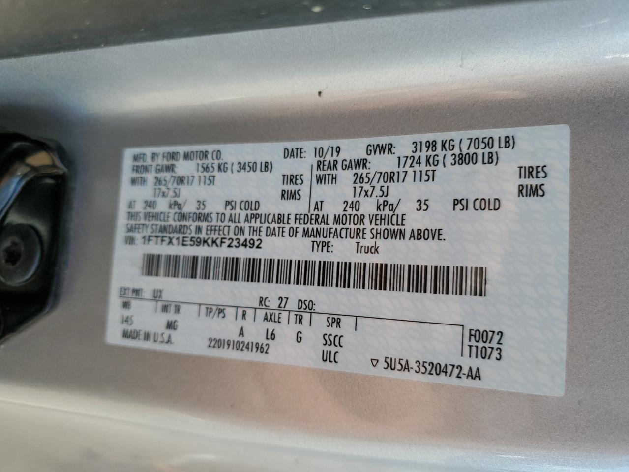 2019 Ford F150 Super Cab VIN: 1FTFX1E59KKF23492 Lot: 66024435