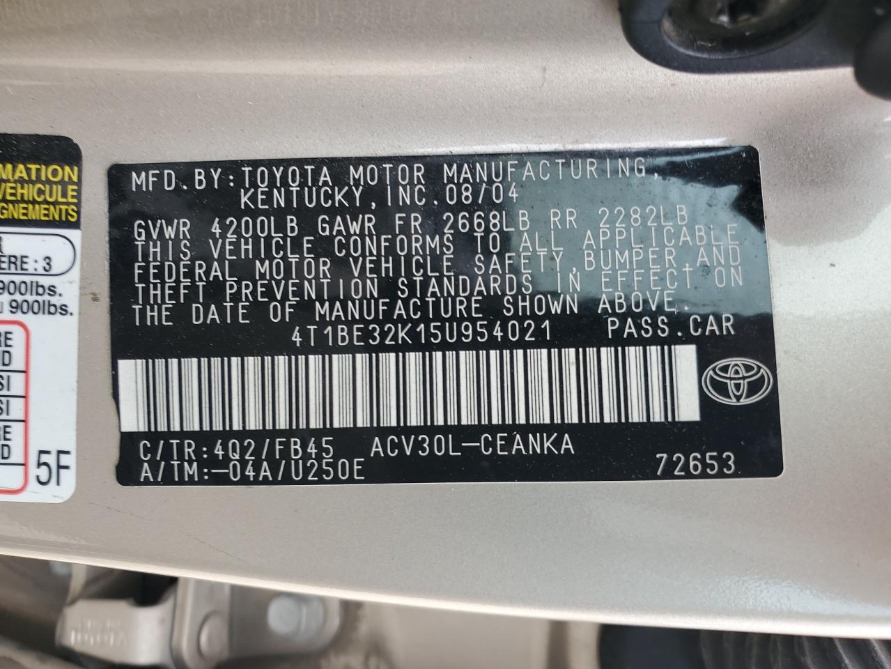 2005 Toyota Camry Le VIN: 4T1BE32K15U954021 Lot: 70726755