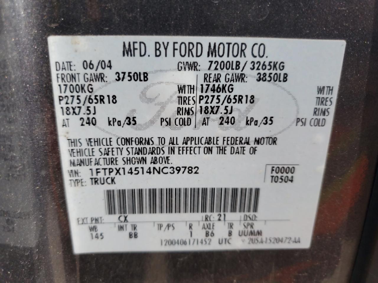 2004 Ford F150 VIN: 1FTPX14514NC39782 Lot: 67845905