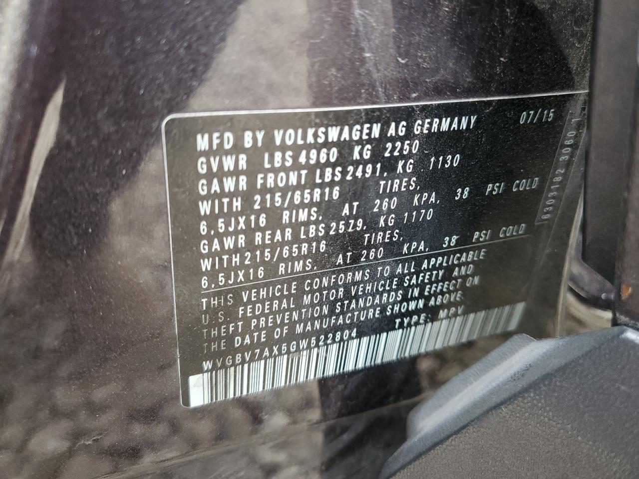 2016 Volkswagen Tiguan S VIN: WVGBV7AX5GW522804 Lot: 70202625