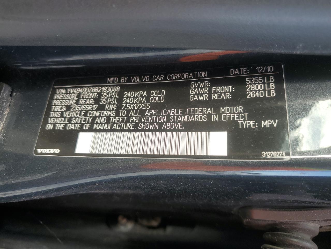 2011 Volvo Xc60 3.2 VIN: YV4940DZ8B2183088 Lot: 70467285