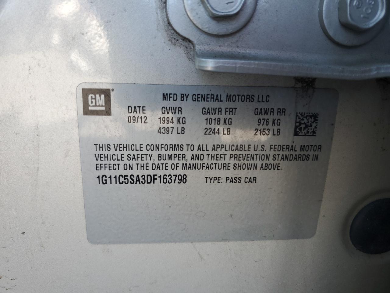 2013 Chevrolet Malibu 1Lt VIN: 1G11C5SA3DF163798 Lot: 70461955