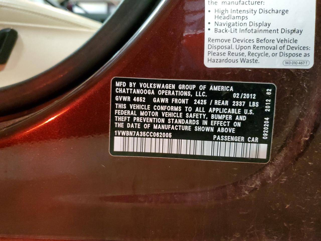 2012 Volkswagen Passat Se VIN: 1VWBN7A35CC062005 Lot: 66710955